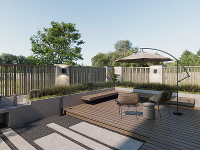 Courtyard Garden Design With Wooden Deck Outdoor Seating Green Plants And Sunshade Umbrella 3d model