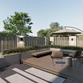 Courtyard Garden Design With Wooden Deck Outdoor Seating Green Plants And Sunshade Umbrella