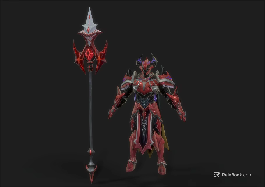 Fantasy Warrior Character In Red Black Armor With Spiked Spear And Ornate Details 3d model 