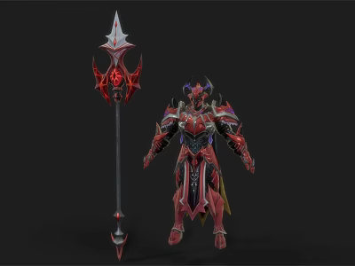 Fantasy Warrior Character In Red Black Armor With Spiked Spear And Ornate Details 3d model