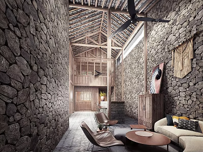 Rustic Spacious Living Room With Natural Stone Walls And Vintage Wooden High Ceiling Interior Design 3d model