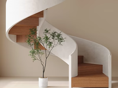 Spiral Staircase With White Curved Structure And Wooden Steps Near Potted Green Plant 3d model