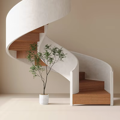Spiral Staircase With White Curved Structure And Wooden Steps Near Potted Green Plant 3d model
