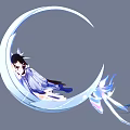 Man Sitting On Crescent Moon With Blue White Outfit And Butterfly Decorations