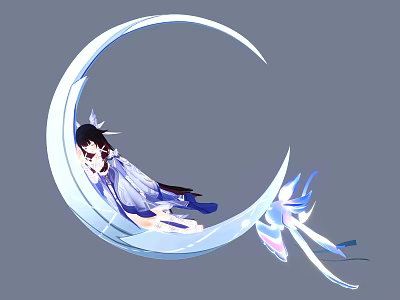 Man Sitting On Crescent Moon With Blue White Outfit And Butterfly Decorations 3d model