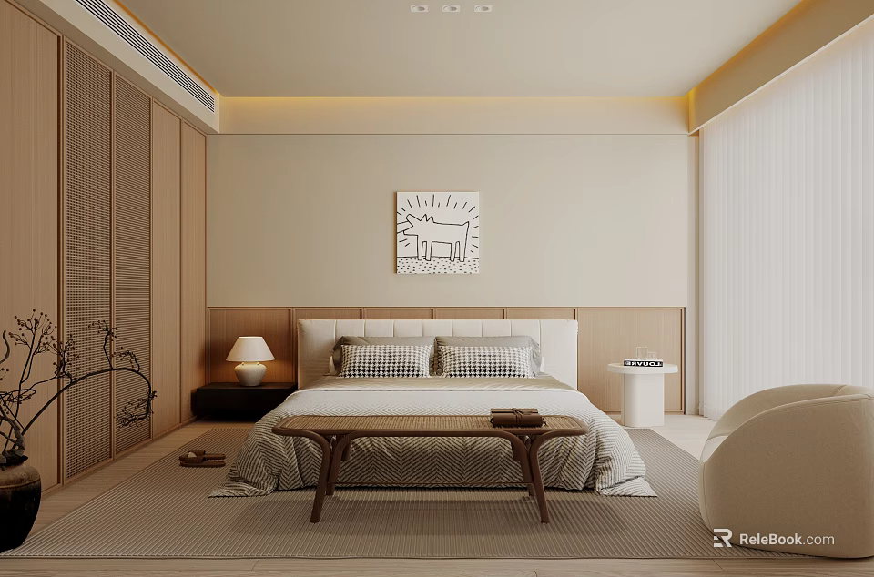 Minimalist Bedroom Interior With Wooden Headboard Nightstand Lamp Wall Artwork Rug Chair And Sheer Curtains 3d model 