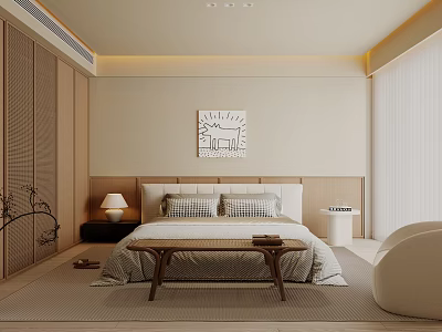 Minimalist Bedroom Interior With Wooden Headboard Nightstand Lamp Wall Artwork Rug Chair And Sheer Curtains 3d model