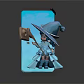 Cute Wizard Character With Blue Hat Broomstick And Wooden Board Near Blue Door