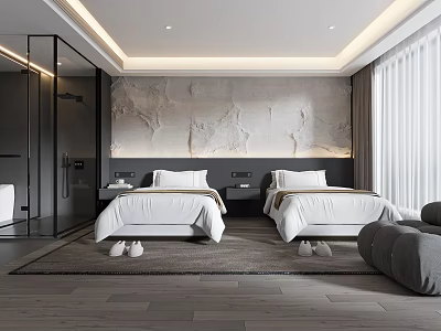 Modern Hotel Guest Room Interior With Twin Beds Open Bathroom Textured Wall And White Bedding 3d model
