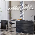 Modern Bar Counter With Marble Top Black Stools Geometric Pendant Lights Fresh Fruits And Plant