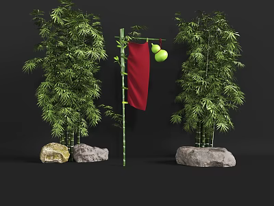 Decorative Ornament Set With Bamboo Red Flag Green Fruits And Stones 3d model