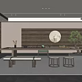 Modern Tea Room Interior With Long Table Bookshelves Circular Art And Bonsai Plant