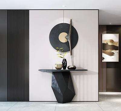Modern Console Table With Geometric Base And Decorative Vase On Wall Decor Background 3d model