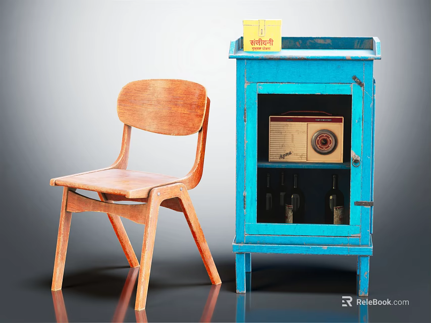 Wooden Casual Chair Next To Blue Cabinet With Yellow Box And Radio 3d model 