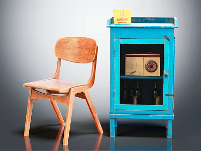 Wooden Casual Chair Next To Blue Cabinet With Yellow Box And Radio 3d model