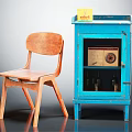 Wooden Casual Chair Next To Blue Cabinet With Yellow Box And Radio