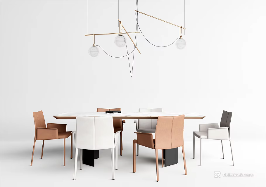 Modern Dining Table Set With Round Table Mixed Color Chairs And Pendant Light 3d model