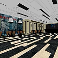 Modern Shop Front Desk With Black Background Logo Geometric Floor Pattern And Ceiling Lines