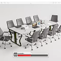 Modern Conference Table With White Surface Black Metal Frame And Gray Rolling Chairs