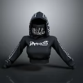 Black Cropped Hoodie With White Graphics And Checkered Sleeves For Casual Wear