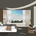 Modern Hotel Room With Curved Ceiling Bamboo Wall Panels King Bed And Sofa Area