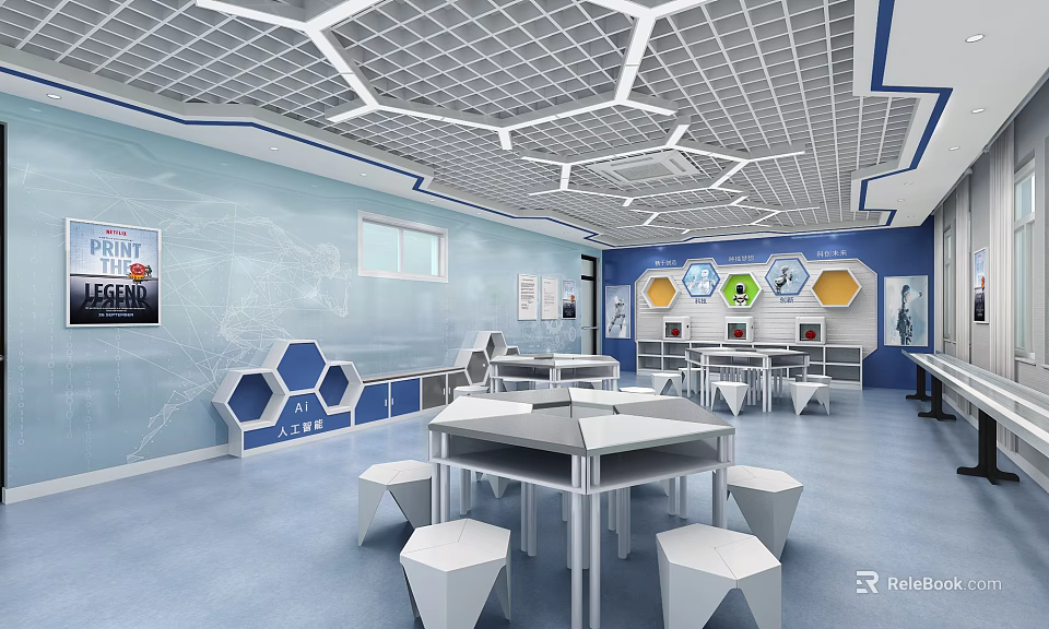 School Science Classroom With Blue Walls Hexagonal Cabinets White Tables And Stools Grid Ceiling 3d model 
