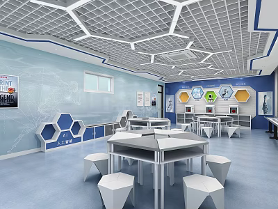 School Science Classroom With Blue Walls Hexagonal Cabinets White Tables And Stools Grid Ceiling 3d model
