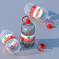 Transparent Mineral Water Bottles With Red Green Labels Standing Lying And Scattered Red Caps
