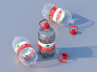 Transparent Mineral Water Bottles With Red Green Labels Standing Lying And Scattered Red Caps 3d model