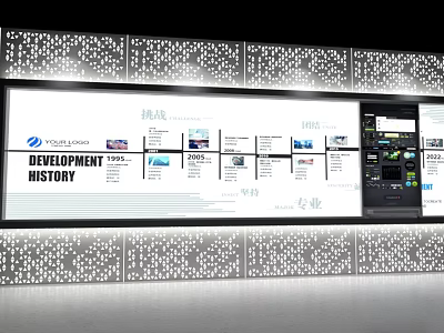 Cultural Center Development History Display With Digital Screens And Information Charts 3d model
