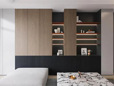 Modern Wooden Bookcase Design With Open Shelves And Black Cabinetry In Living Room 3d model