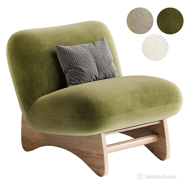 Elegant Green Velvet Armchair with Gray Textured Cushion Wooden Legs and Fabric Samples 3d model 