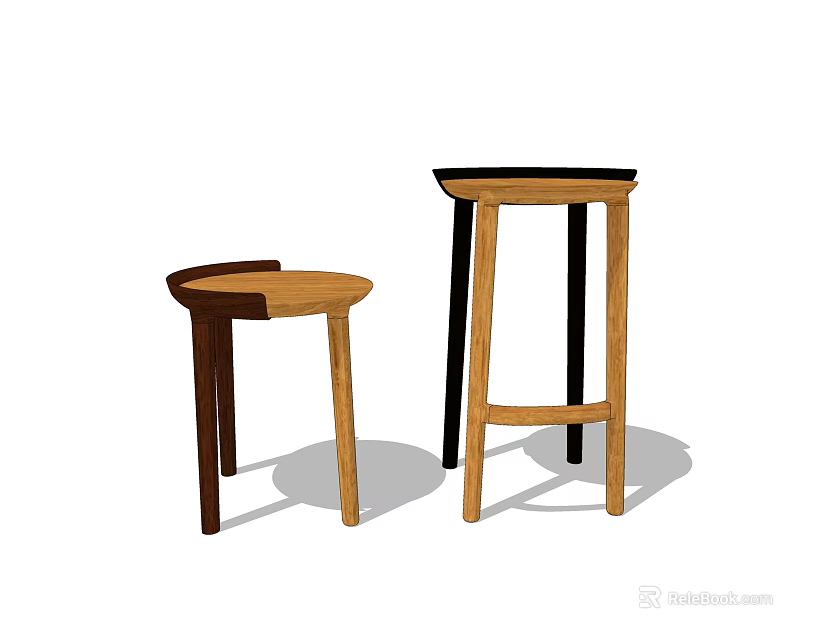 Two Different Wooden Bar Stools With Dark And Light Brown Designs 3d model 