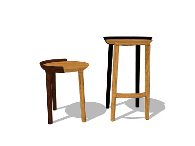 Two Different Wooden Bar Stools With Dark And Light Brown Designs 3d model