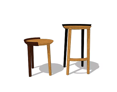 Two Different Wooden Bar Stools With Dark And Light Brown Designs 3d model
