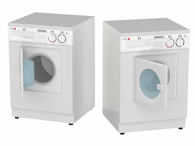 Two White Front Loading Washing Machines Featuring Control Panels And Open Doors 3d model