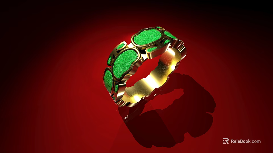 Unique Gold Ring With Green Gemstone Inlays And Intricate Design Details 3d model 