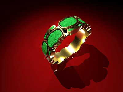 Unique Gold Ring With Green Gemstone Inlays And Intricate Design Details 3d model