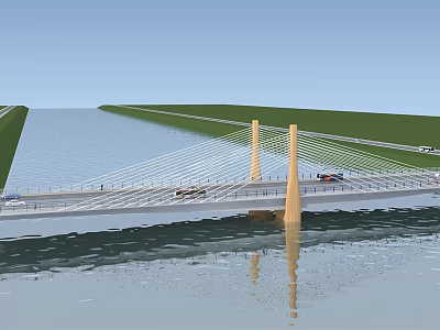 Cable Stayed Bridge Over Calm Water With Cars And Green Fields Reflection 3d model