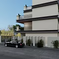 Modern Detached Villa Exterior with Multiple Balconies Large Windows Lush Trees and Driveway