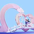 Scenic Romantic Heart Shaped Structure With Couple On Bridge Pink Clouds And Pastel Blue Background