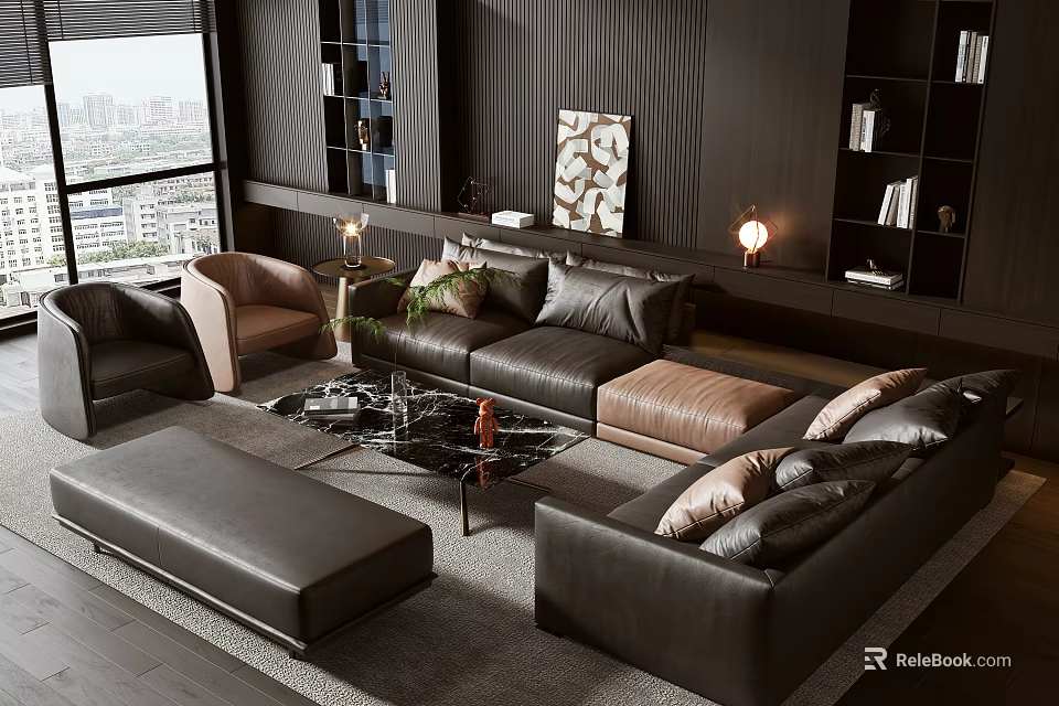 Modern Leather Sofa and Coffee Table Set With Bookshelves Floor Lamps And City View 3d model 