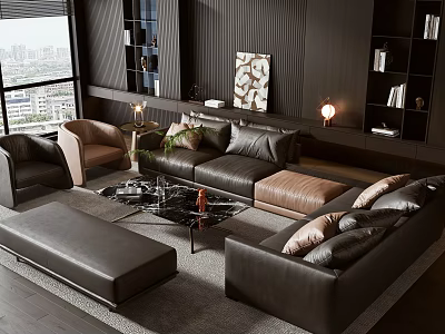 Modern Leather Sofa and Coffee Table Set With Bookshelves Floor Lamps And City View 3d model