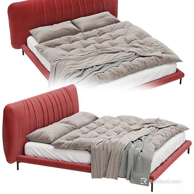 Modern Double Bed With Red Vertical Stripe Headboard Light Gray Mattress And Gray Blanket 3d model 