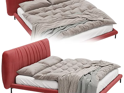 Modern Double Bed With Red Vertical Stripe Headboard Light Gray Mattress And Gray Blanket 3d model