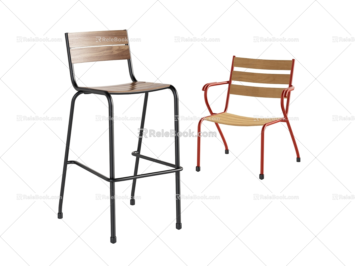 Bar Chair Leisure Chair Combination Simple Fashion Elegant Metal Foot Solid Wood 3d model