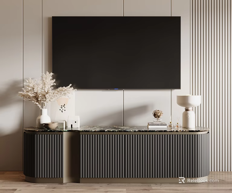 Modern TV Stand With Vertical Slats Design And Marble Top Plus Decorative Vase 3d model 