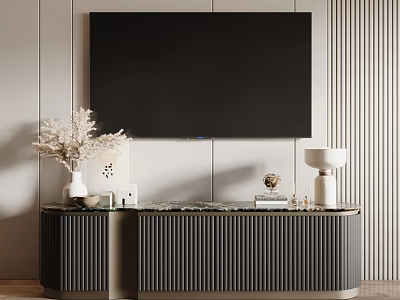 Modern TV Stand With Vertical Slats Design And Marble Top Plus Decorative Vase 3d model