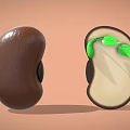 Whole Brown Bean and Split Germinating Bean with White Interior Green Sprout and Leaves