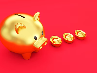 Golden Piggy Bank And Gold Ingots Decorative Ornament Set On Red Background For Home Decoration 3d model